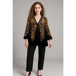 Coldwater Creek Top Womens Peite‎ PM Black Gold Floral Velvet Burnout Silk Slit